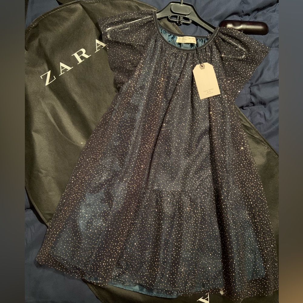 Girls Zara Dress Glitter Dark Green with Dustcover sz 9-10 NEW WITH TAGS